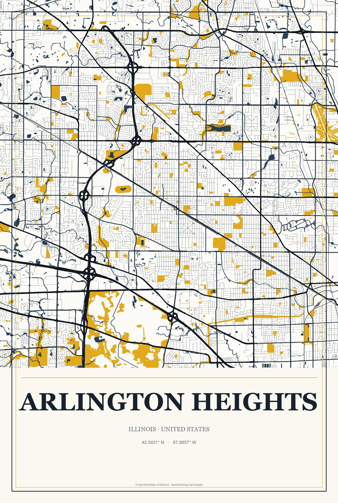 Arlington Heights, Illinois City Map Aluminum Sign in Citrine Modern style