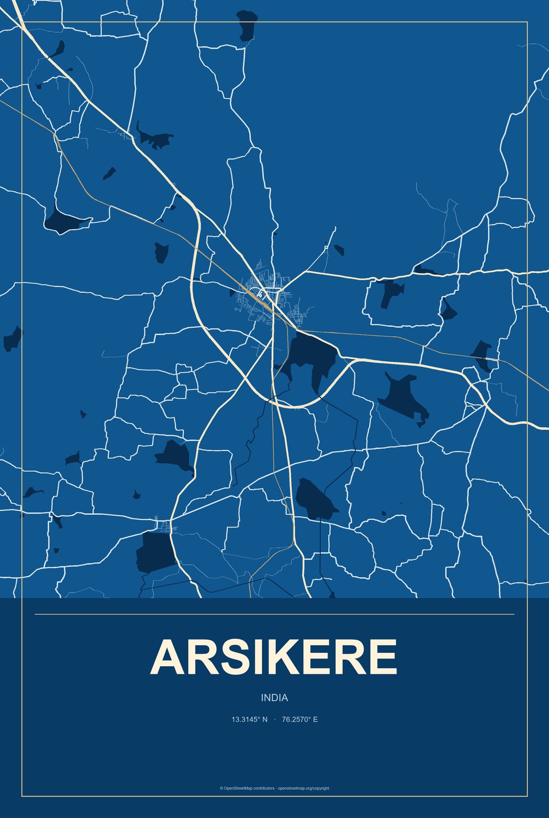 Arsikere, India City Map Aluminum Sign in Harbor Cobalt style