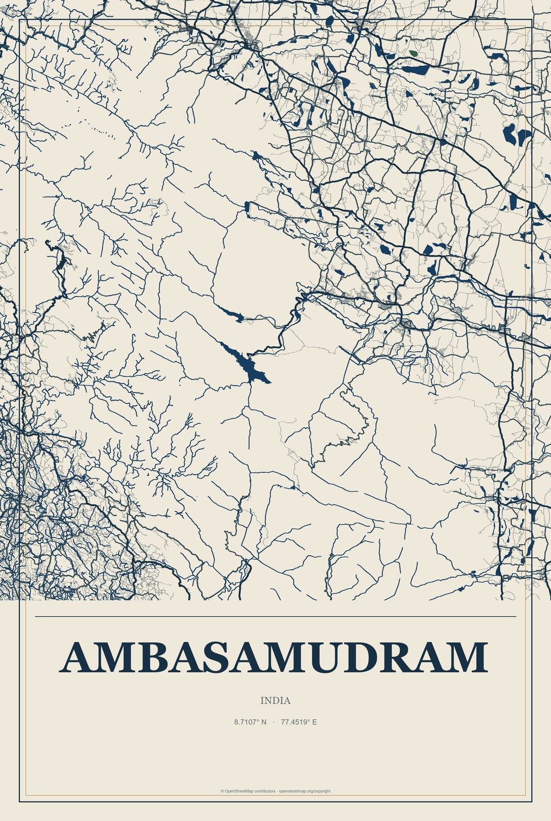 Ambasamudram, India City Map Aluminum Sign in Coastal Cutout style
