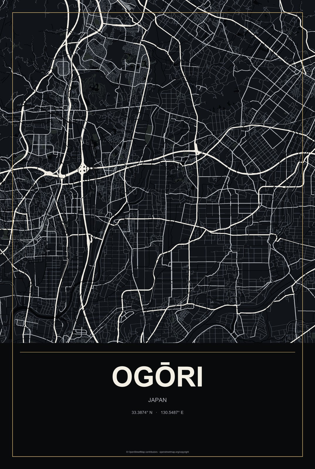 Ogōri, Japan City Map Aluminum Sign in Metropolitan Noir style