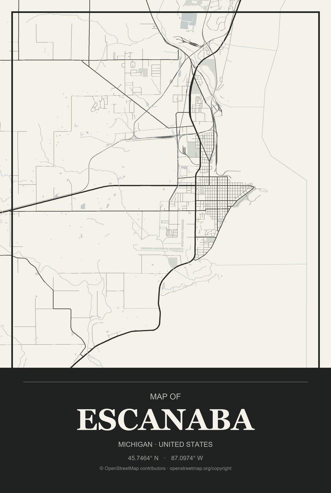 Escanaba, Michigan City Map Aluminum Sign in Museum Plaque style