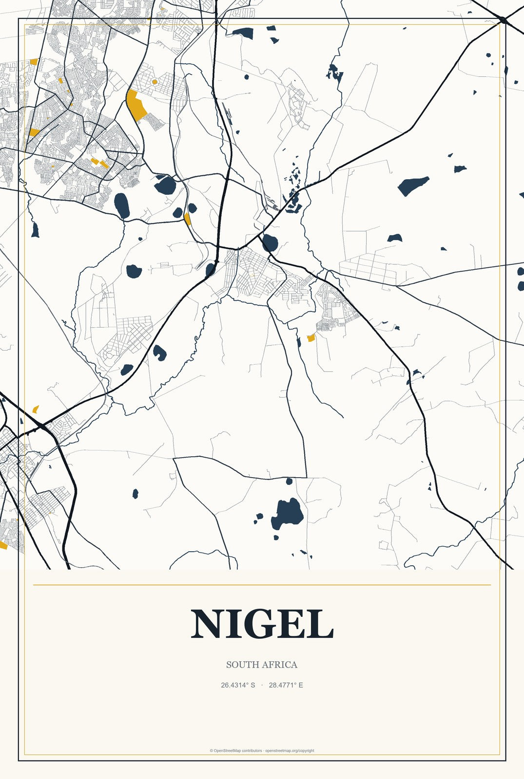 Nigel, South Africa City Map Aluminum Sign in Citrine Modern style