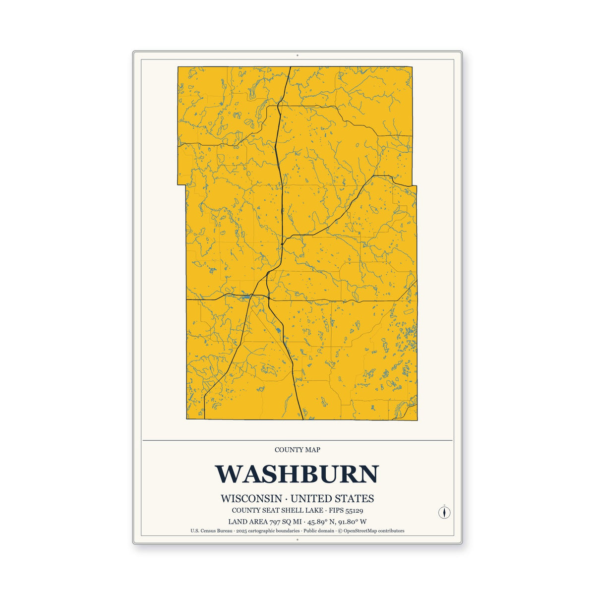 Washburn County, Wisconsin Map Aluminum Sign in Citrine Modern style