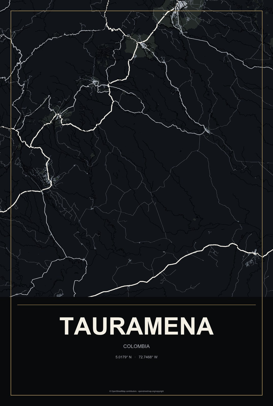 Tauramena, Colombia City Map Aluminum Sign in Metropolitan Noir style
