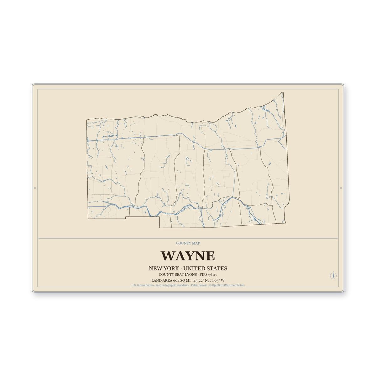 Wayne County, New York Map Aluminum Sign in Heritage Nautical style