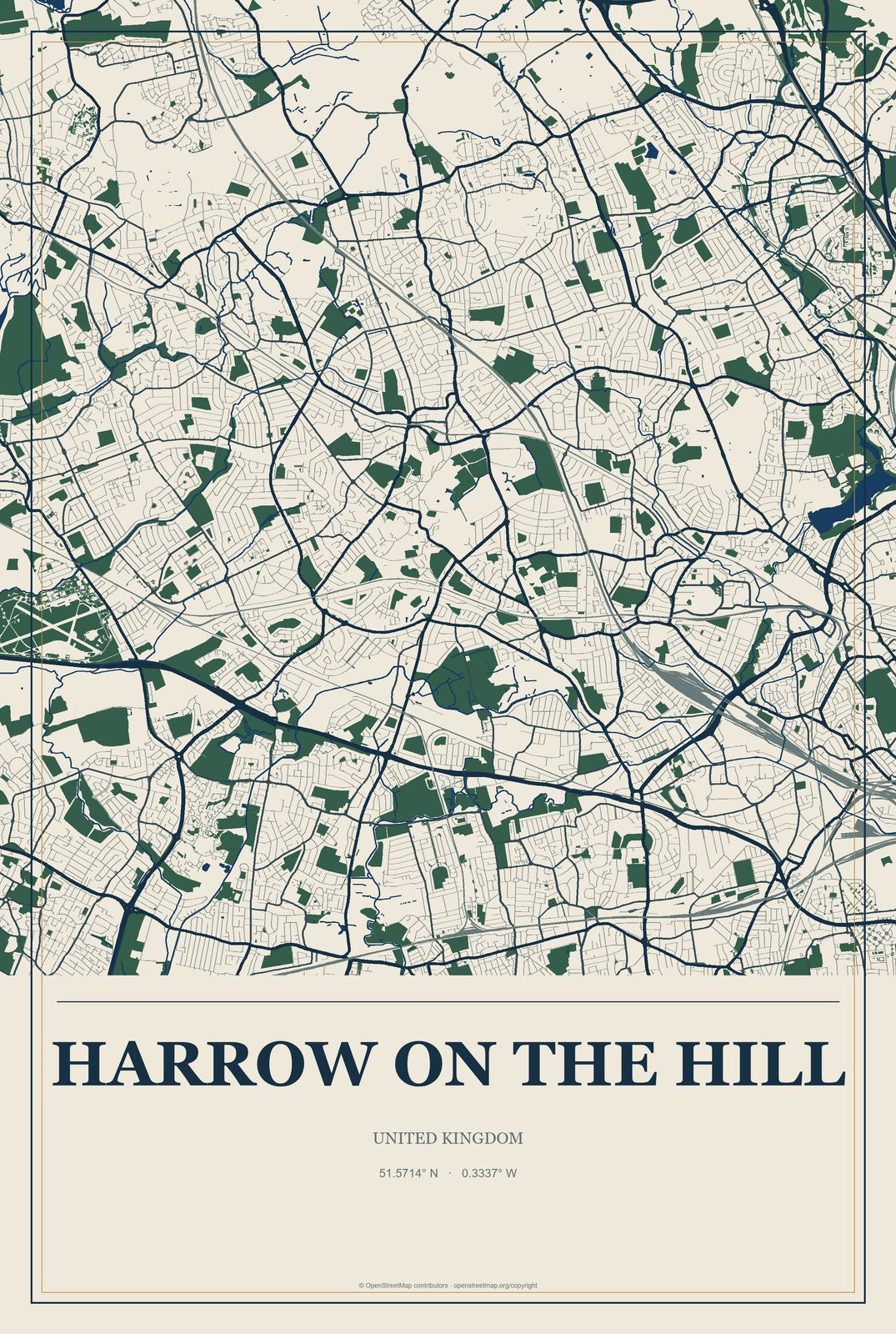 Harrow on the Hill, United Kingdom City Map Aluminum Sign in Coastal Cutout style