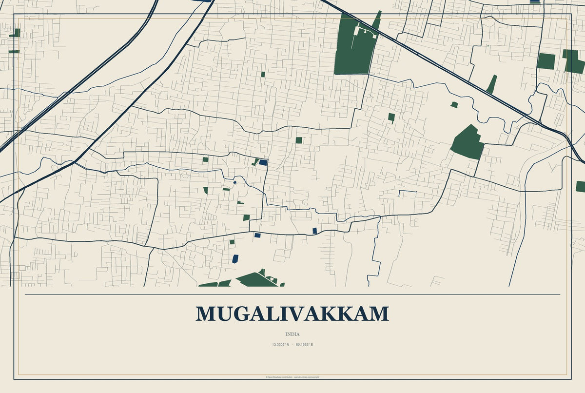 Mugalivakkam, India City Map Aluminum Sign in Coastal Cutout style