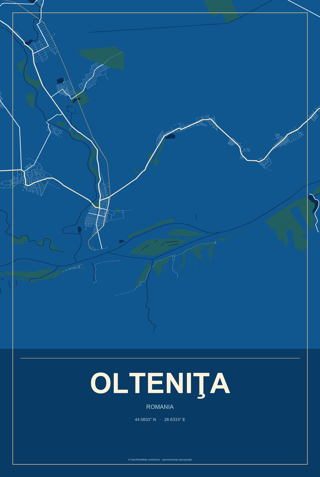 Olteniţa, Romania City Map Aluminum Sign in Harbor Cobalt style