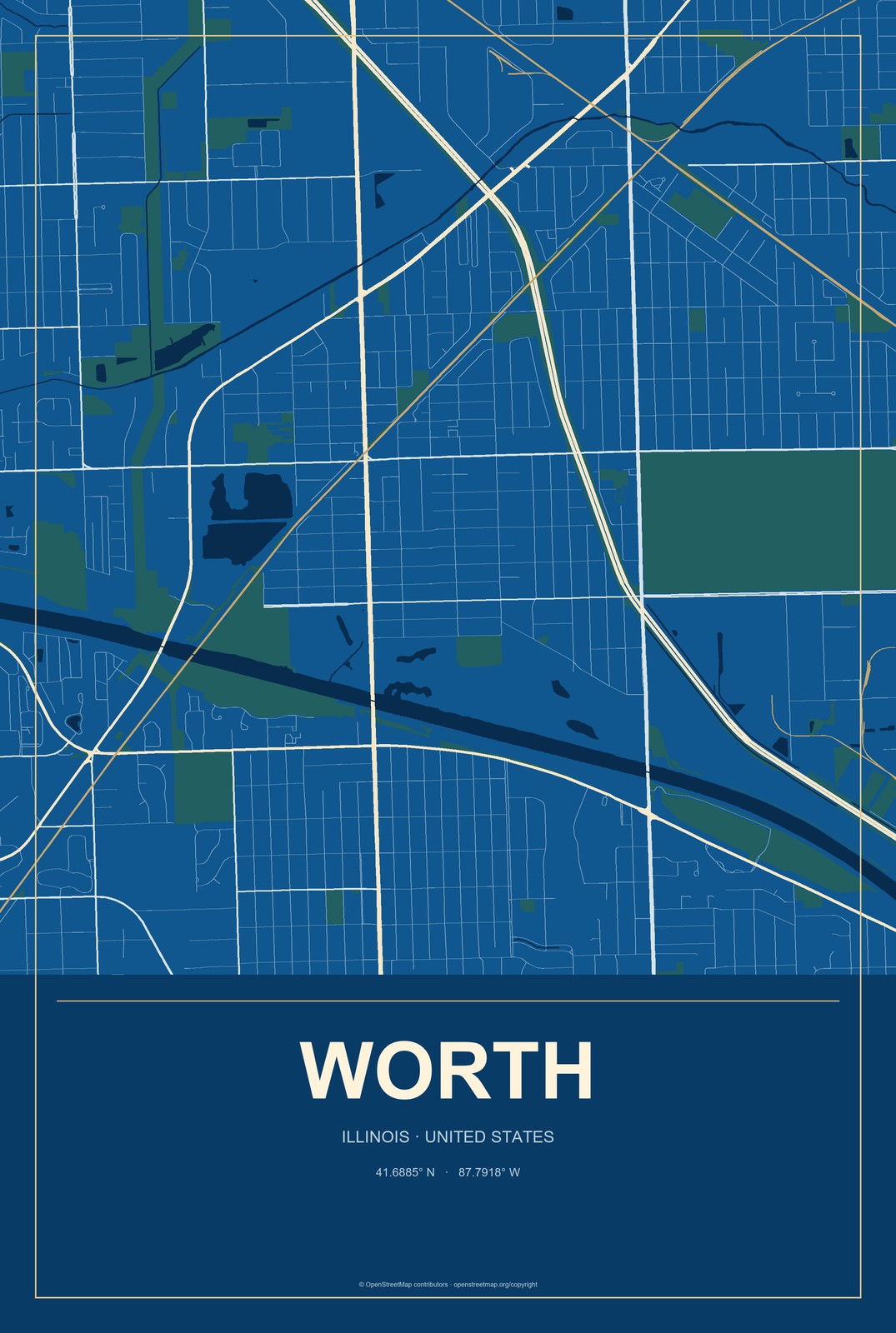 Worth, Illinois City Map Aluminum Sign in Harbor Cobalt style