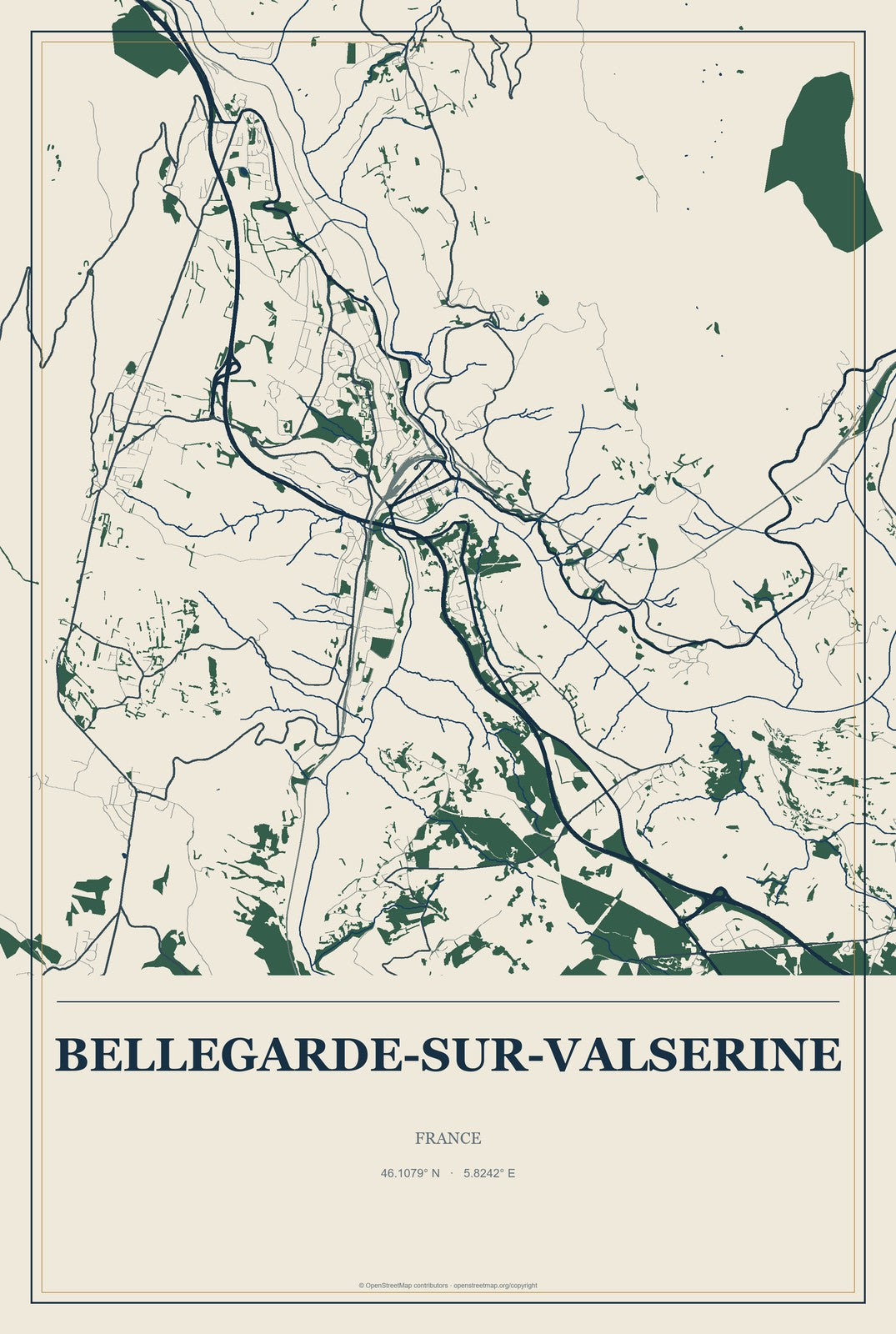 Bellegarde-sur-Valserine, France City Map Aluminum Sign in Coastal Cutout style