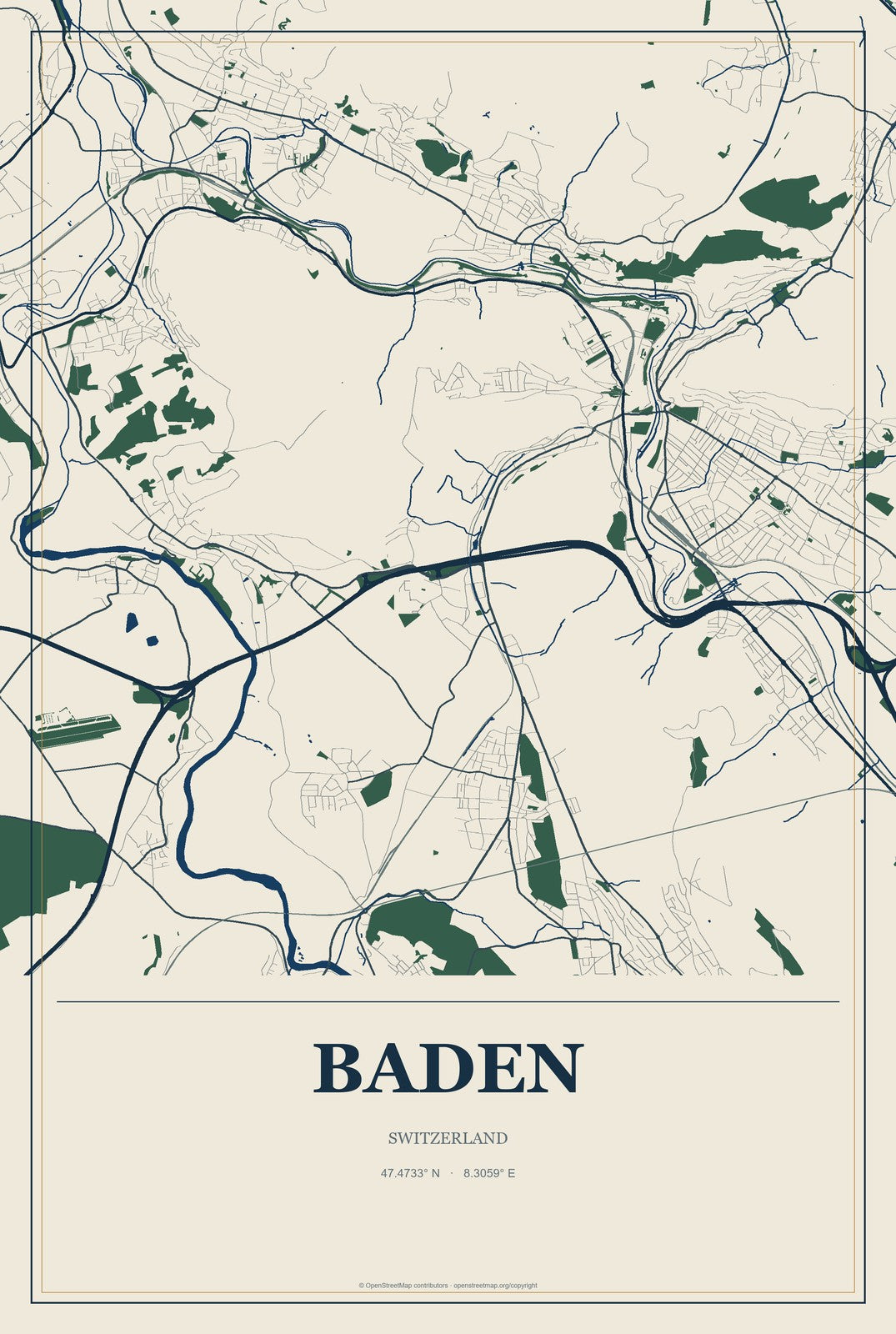 Baden, Switzerland City Map Aluminum Sign in Coastal Cutout style