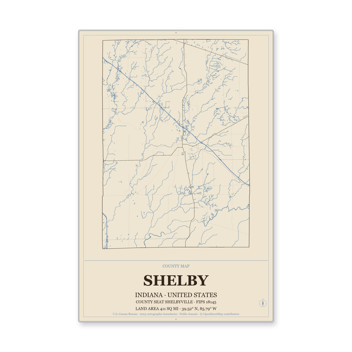 Shelby County, Indiana Map Aluminum Sign in Heritage Nautical style