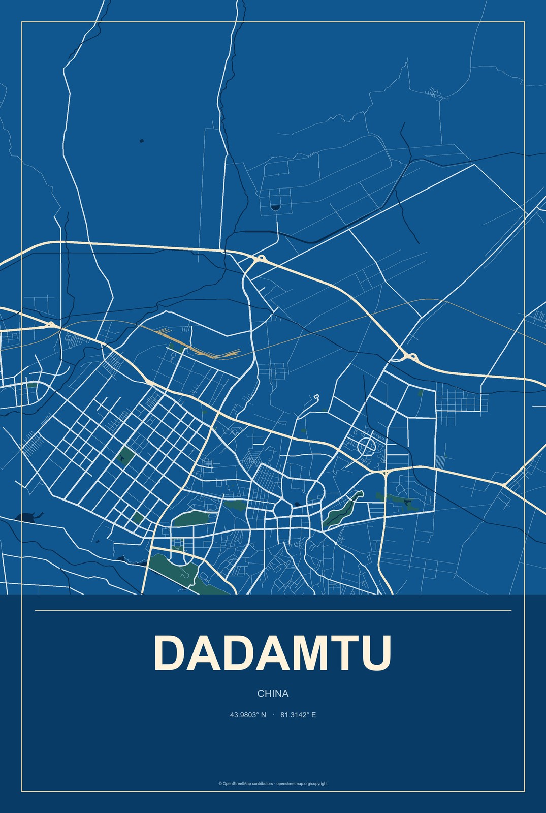 Dadamtu, China City Map Aluminum Sign in Harbor Cobalt style