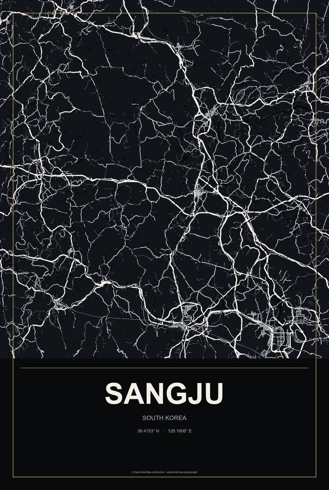 Sangju, South Korea City Map Aluminum Sign in Metropolitan Noir style