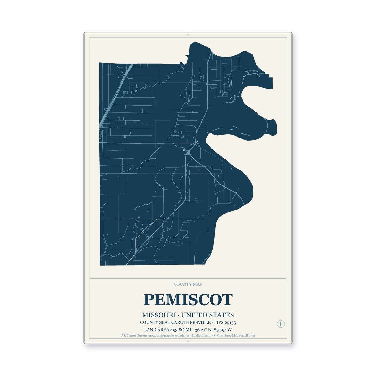 Pemiscot County, Missouri Map Aluminum Sign in Coastal Cutout style