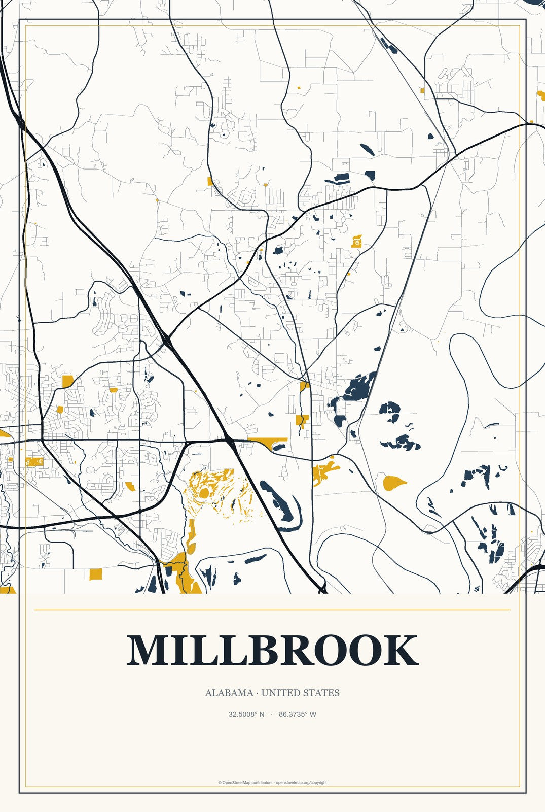 Millbrook, Alabama City Map Aluminum Sign in Citrine Modern style