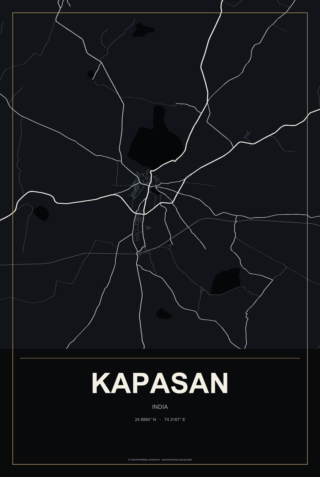 Kapasan, India City Map Aluminum Sign in Metropolitan Noir style