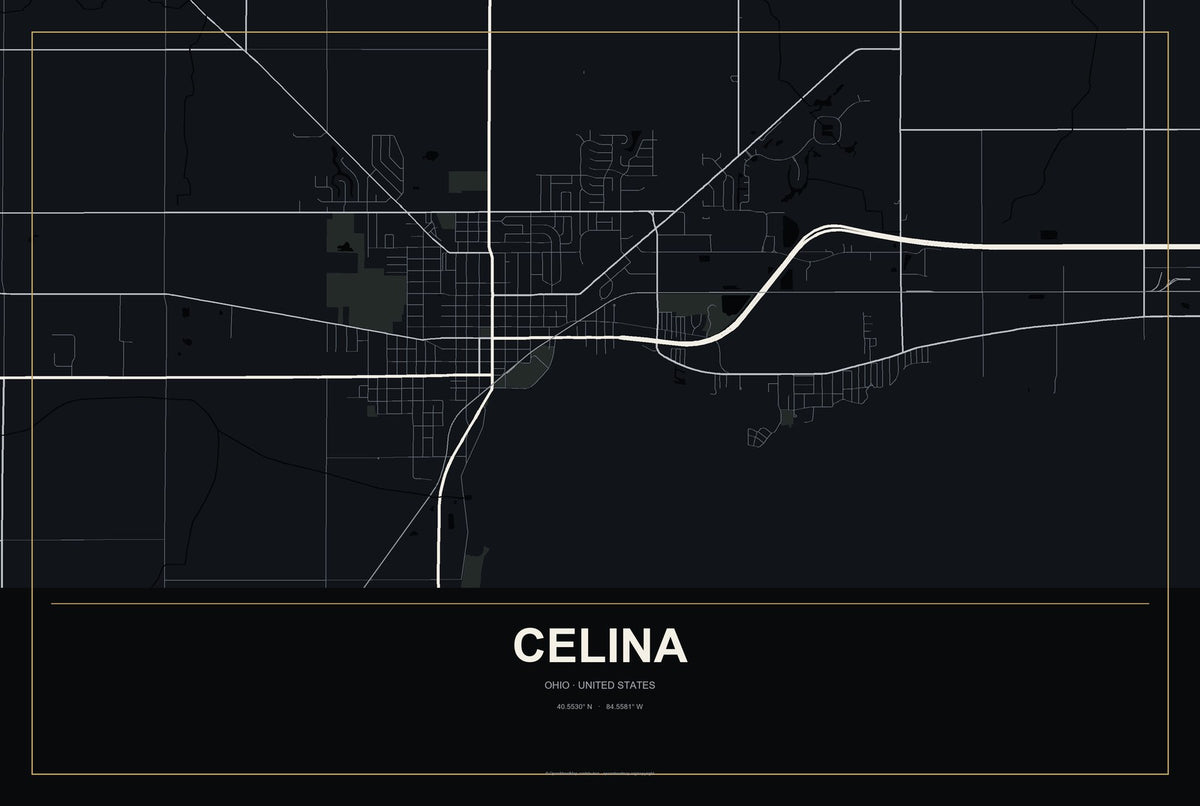 Celina, Ohio City Map Aluminum Sign in Metropolitan Noir style