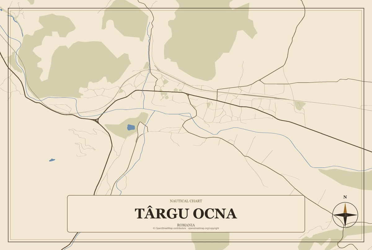 Târgu Ocna, Romania City Map Aluminum Sign in Heritage Nautical style