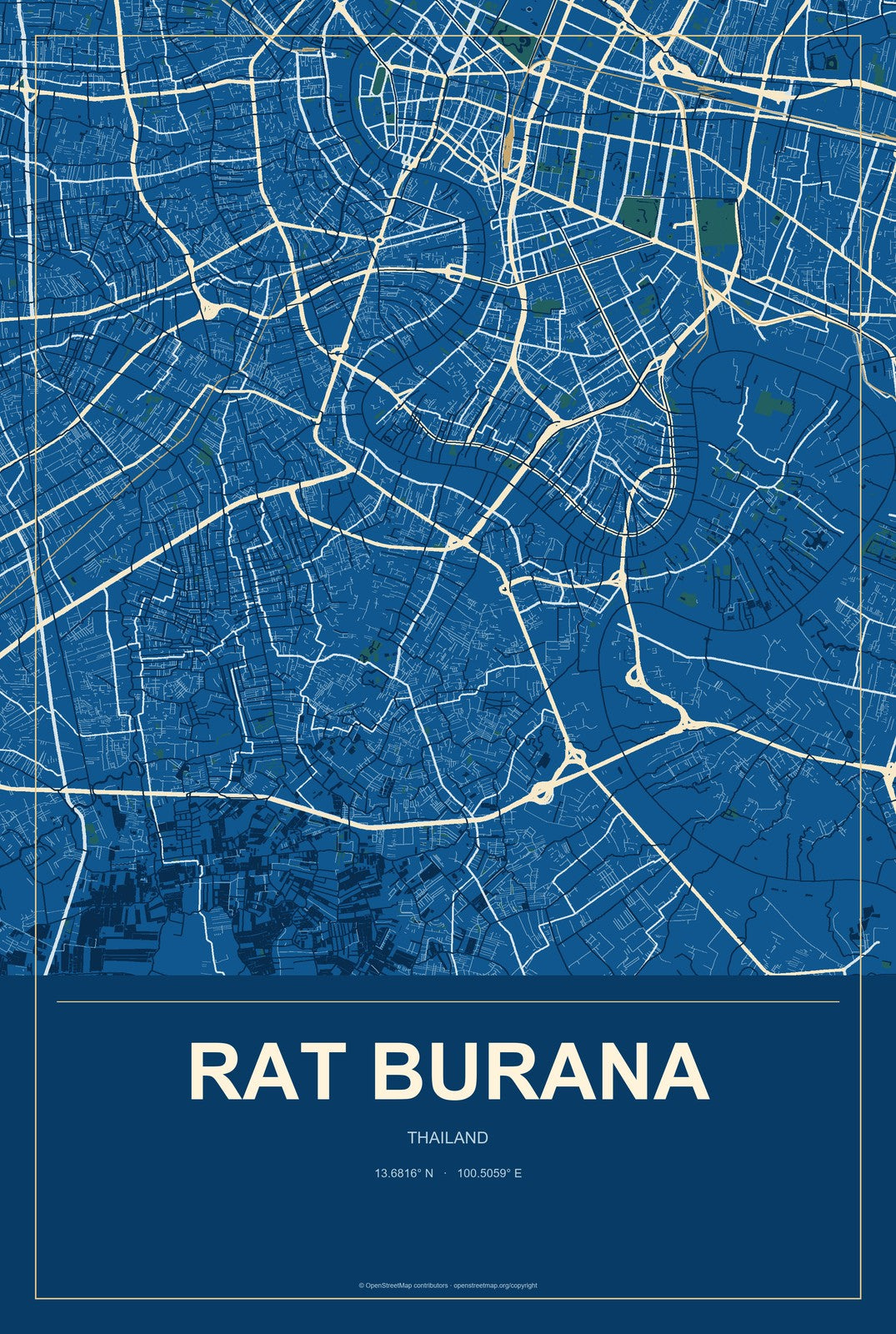 Rat Burana, Thailand City Map Aluminum Sign in Harbor Cobalt style