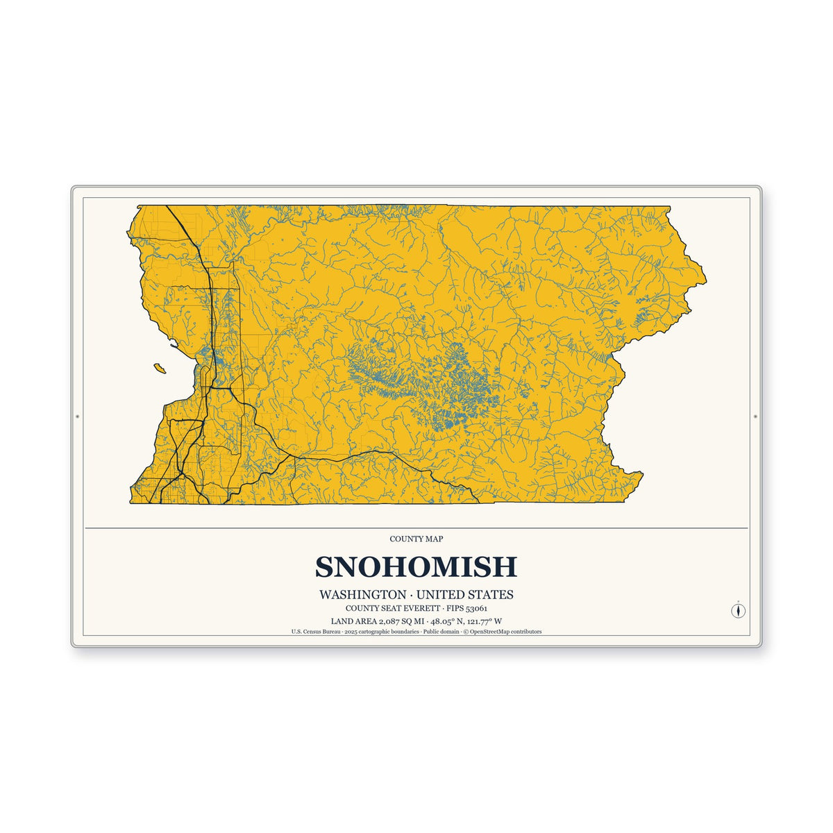 Snohomish County, Washington Map Aluminum Sign in Citrine Modern style
