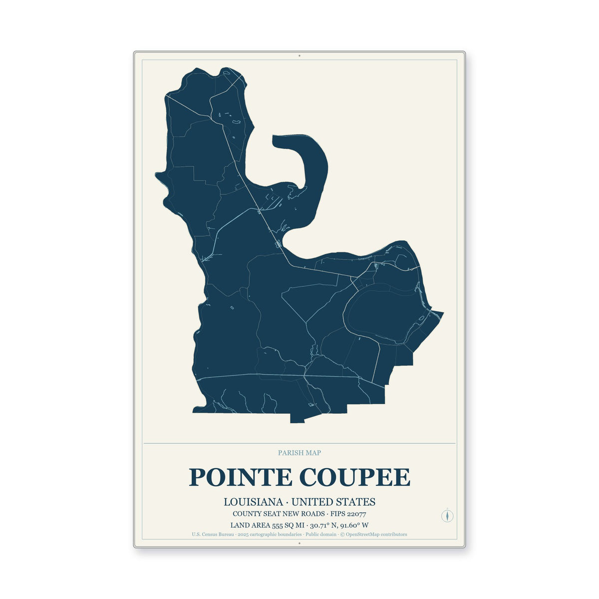 Pointe Coupee Parish, Louisiana Map Aluminum Sign in Coastal Cutout style