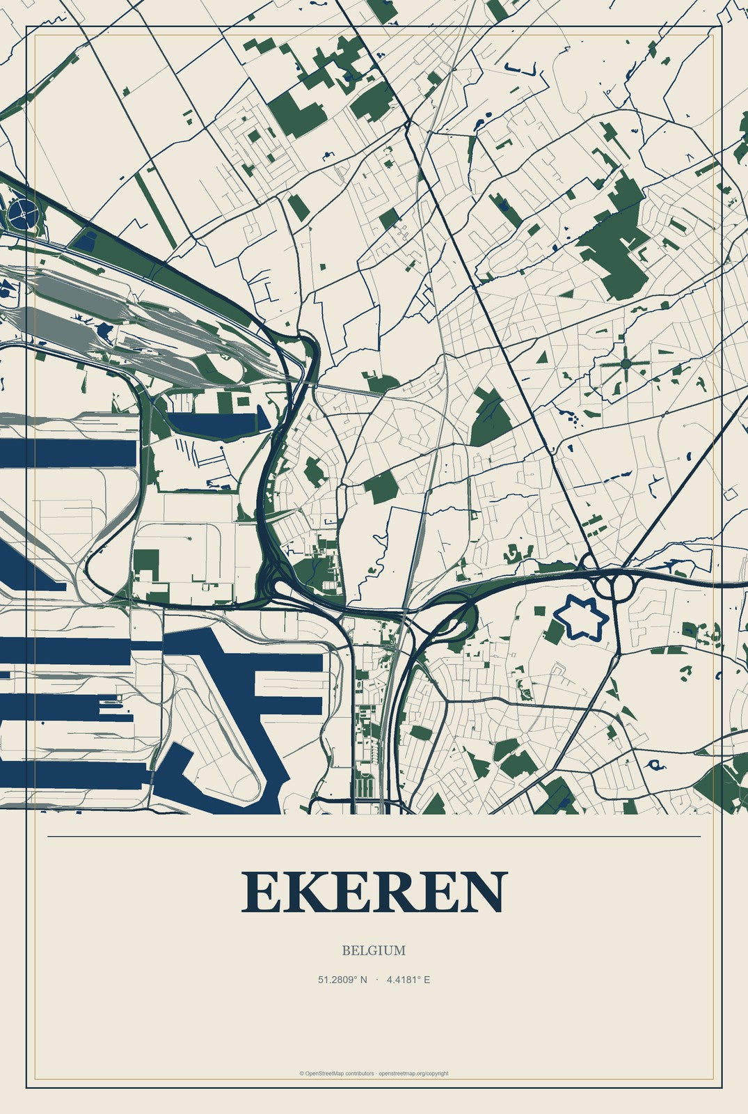 Ekeren, Belgium City Map Aluminum Sign in Coastal Cutout style