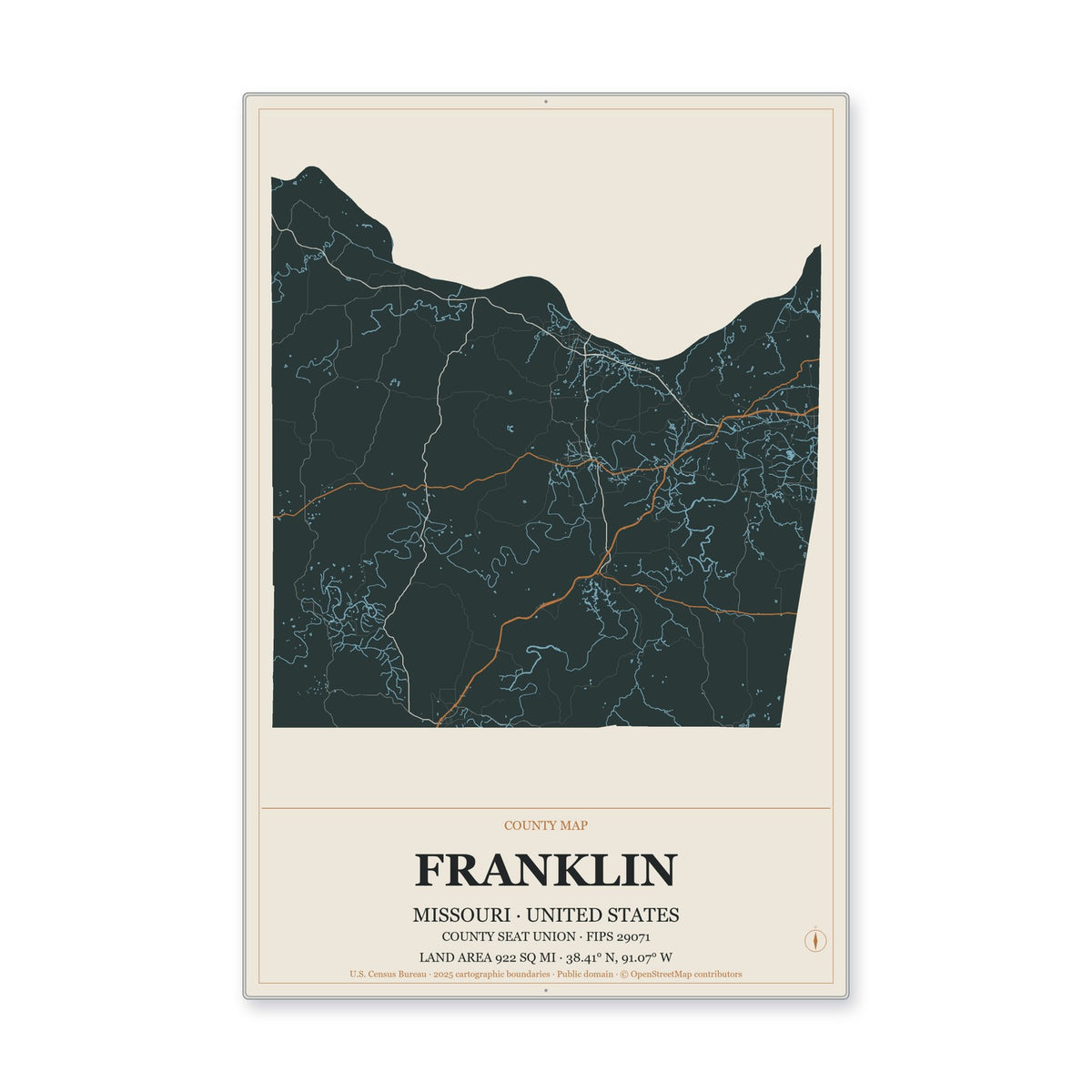Franklin County, Missouri Map Aluminum Sign in Headline Atlas style