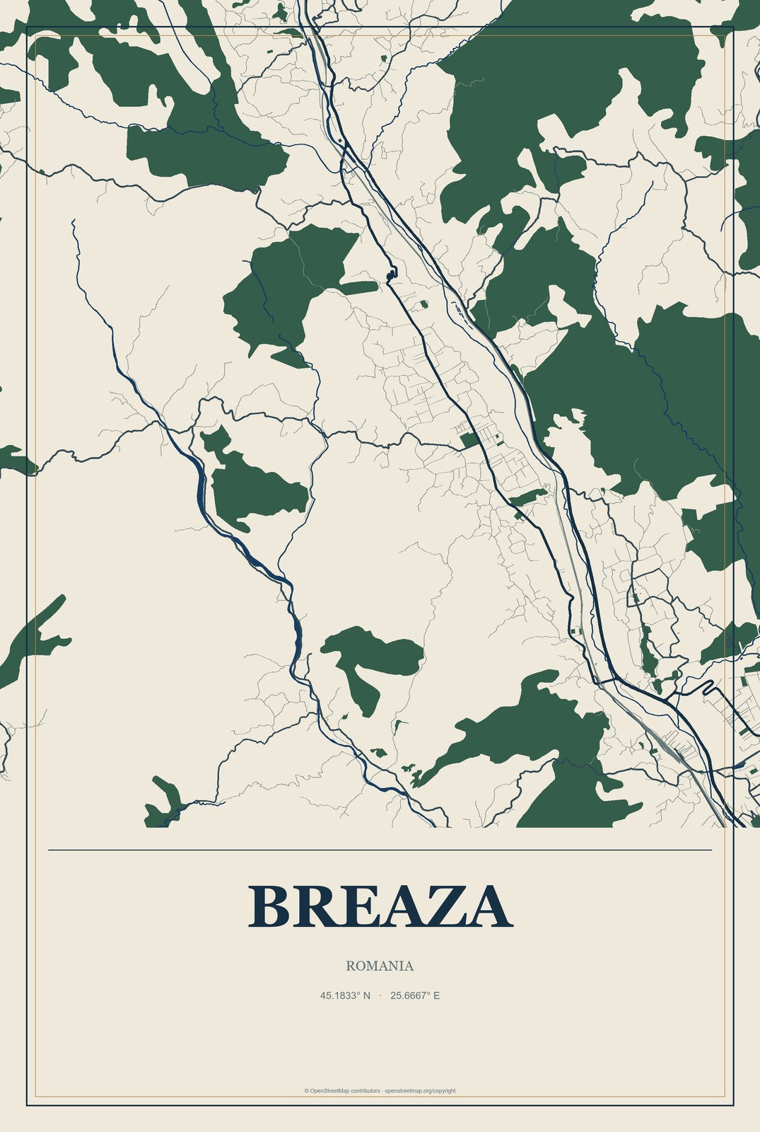 Breaza, Romania City Map Aluminum Sign in Coastal Cutout style