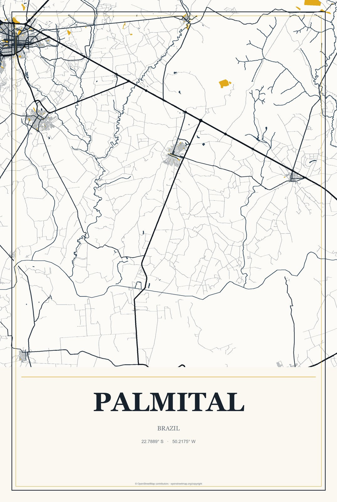 Palmital, São Paulo, Brazil City Map Aluminum Sign in Citrine Modern style
