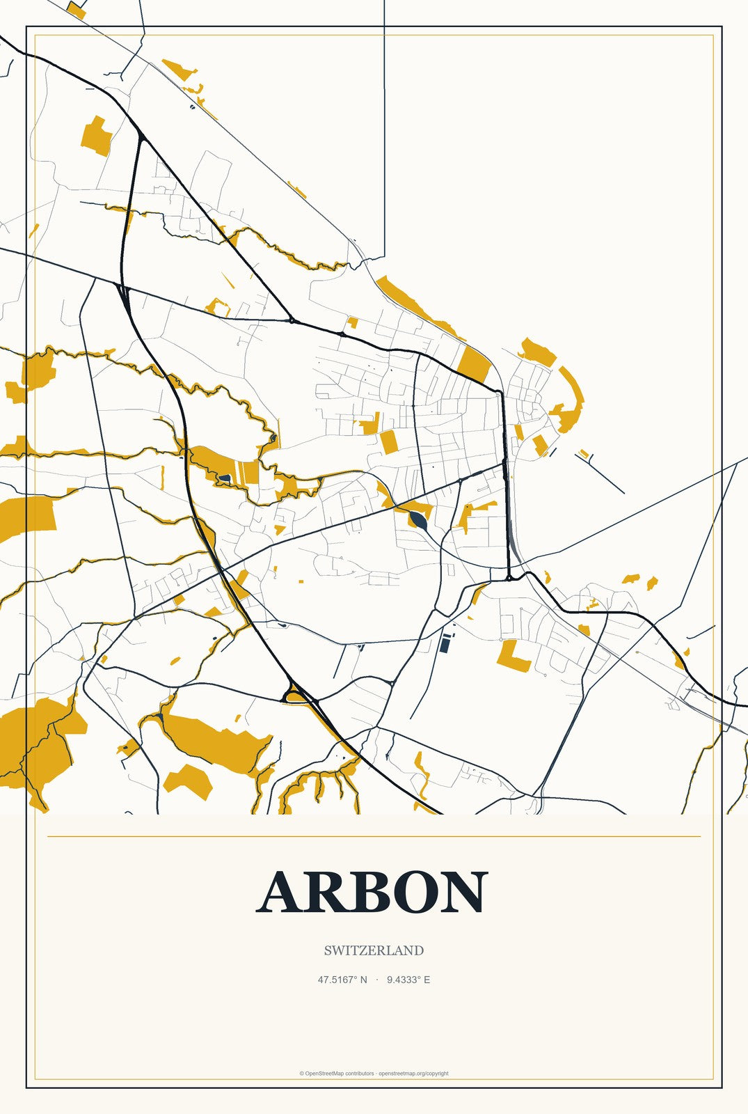 Arbon, Switzerland City Map Aluminum Sign in Citrine Modern style