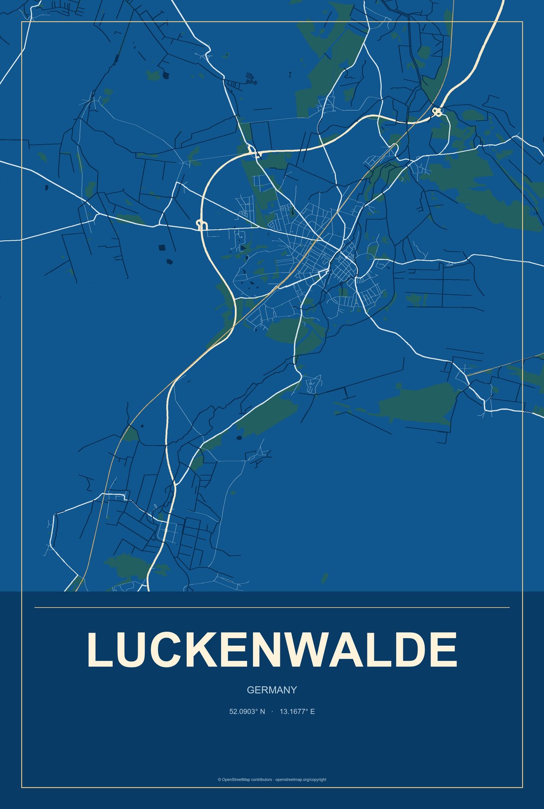 Luckenwalde, Germany City Map Aluminum Sign in Harbor Cobalt style