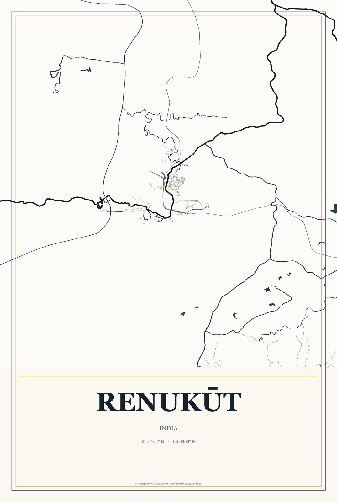 Renukūt, India City Map Aluminum Sign in Citrine Modern style