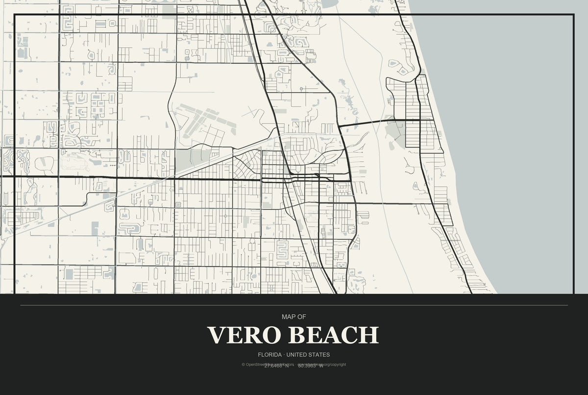 Vero Beach, Florida City Map Aluminum Sign in Museum Plaque style