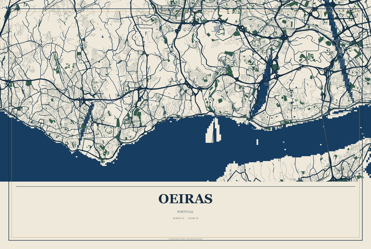 Oeiras, Portugal City Map Aluminum Sign in Coastal Cutout style