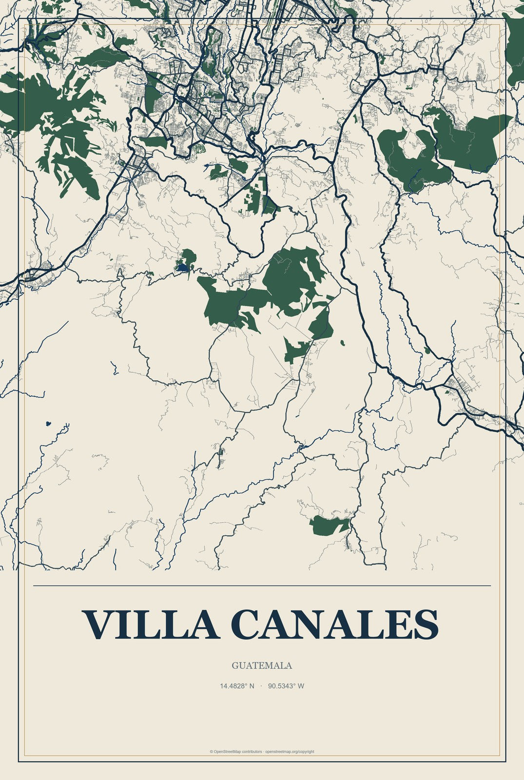 Villa Canales, Guatemala City Map Aluminum Sign in Coastal Cutout style