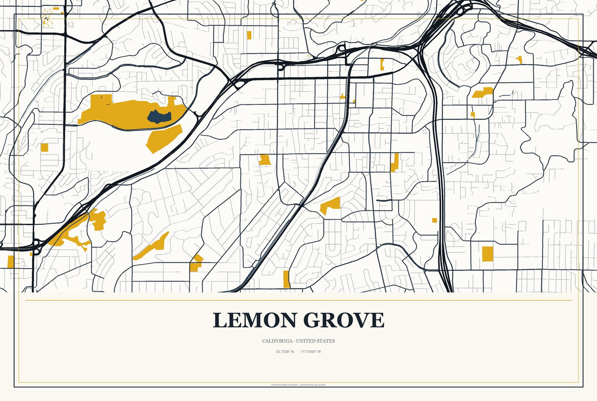 Lemon Grove, California City Map Aluminum Sign in Citrine Modern style