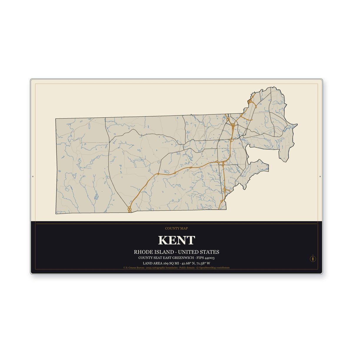 Kent County, Rhode Island Map Aluminum Sign in Museum Plaque style