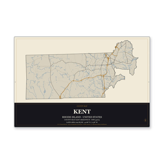 Kent County, Rhode Island Map Aluminum Sign in Museum Plaque style