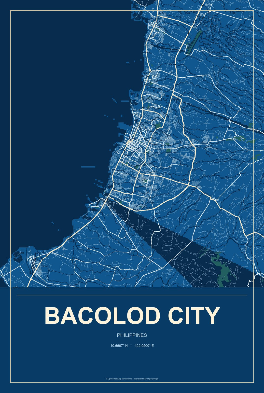 Bacolod City, Philippines City Map Aluminum Sign in Harbor Cobalt style