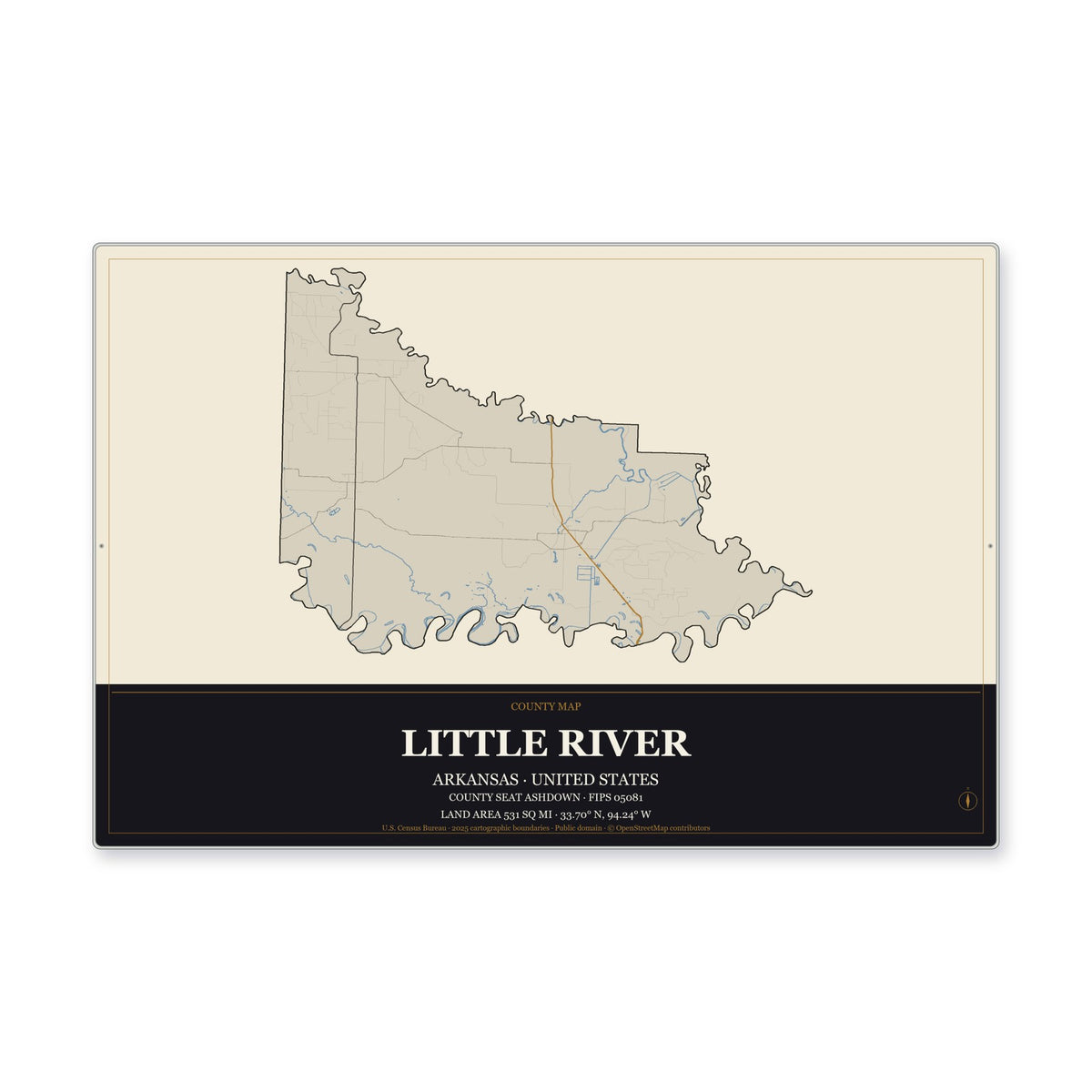 Little River County, Arkansas Map Aluminum Sign in Museum Plaque style