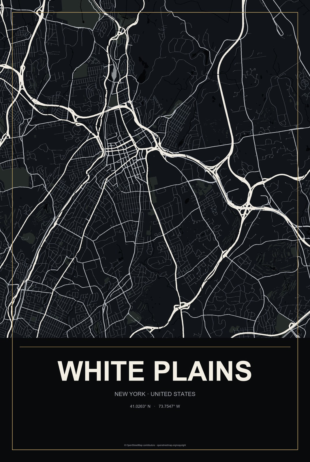 White Plains, New York City Map Aluminum Sign in Metropolitan Noir style
