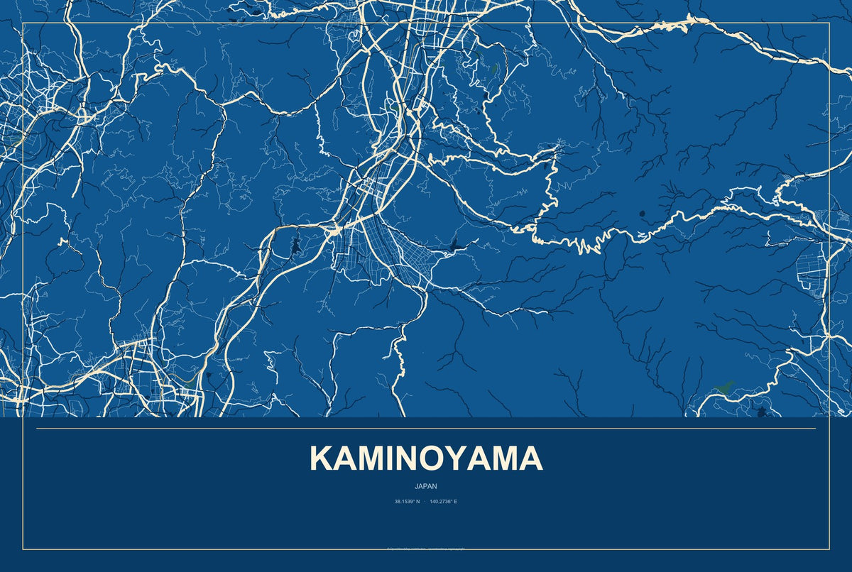Kaminoyama, Japan City Map Aluminum Sign in Harbor Cobalt style