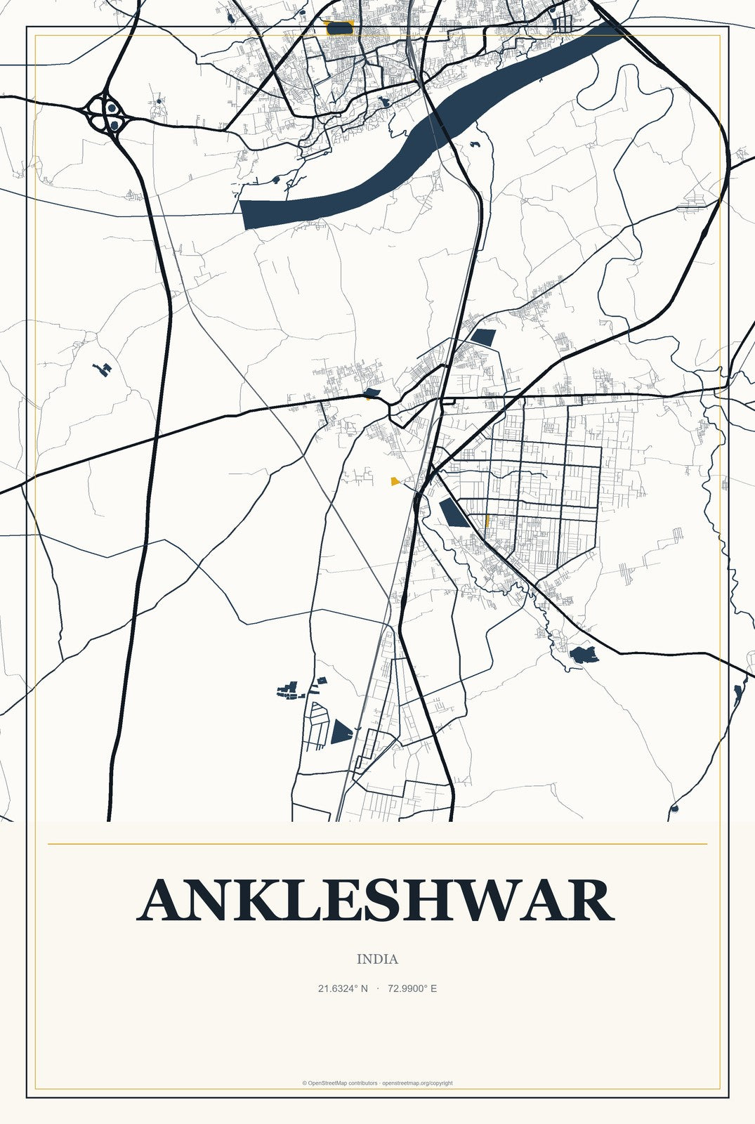 Ankleshwar, India City Map Aluminum Sign in Citrine Modern style