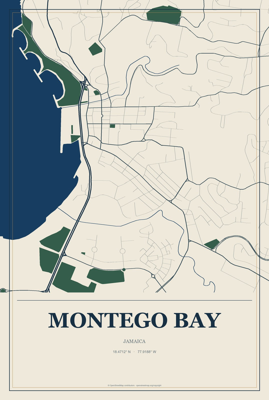 Montego Bay, Jamaica City Map Aluminum Sign in Coastal Cutout style