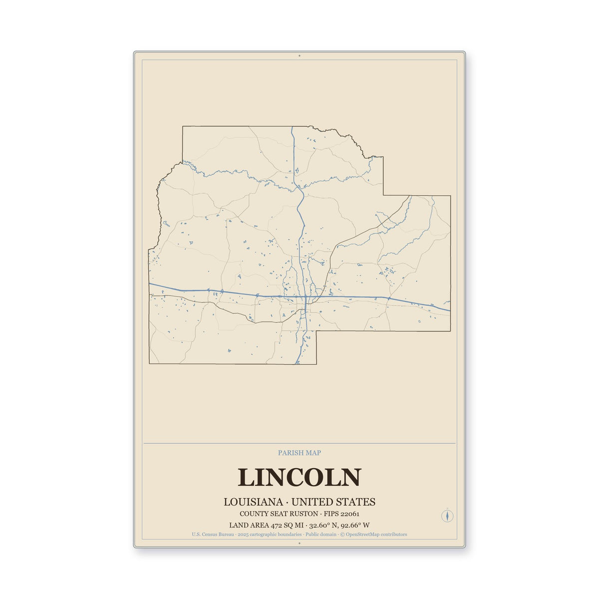 Lincoln Parish, Louisiana Map Aluminum Sign in Heritage Nautical style