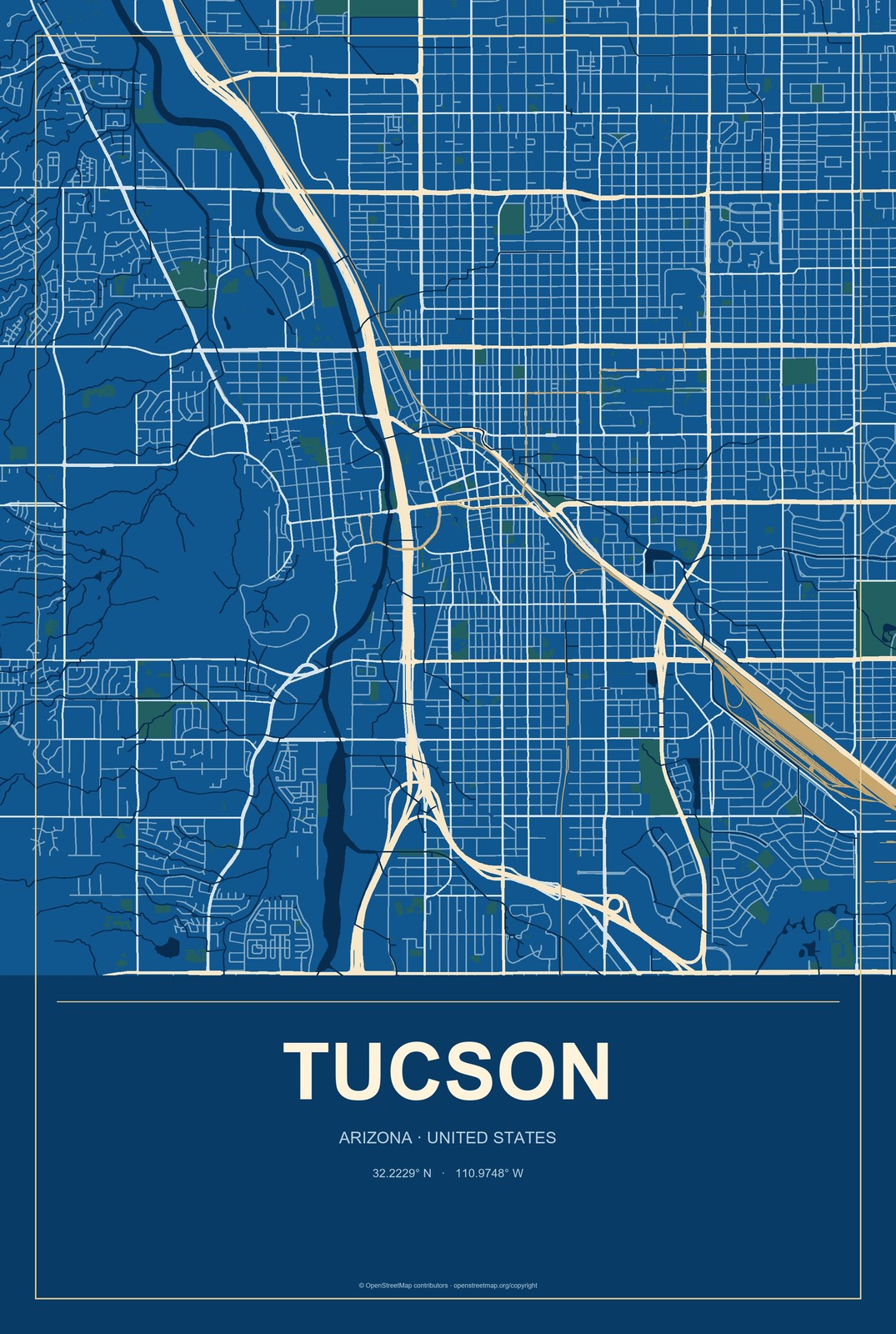 Tucson, Arizona City Map Aluminum Sign in Harbor Cobalt style
