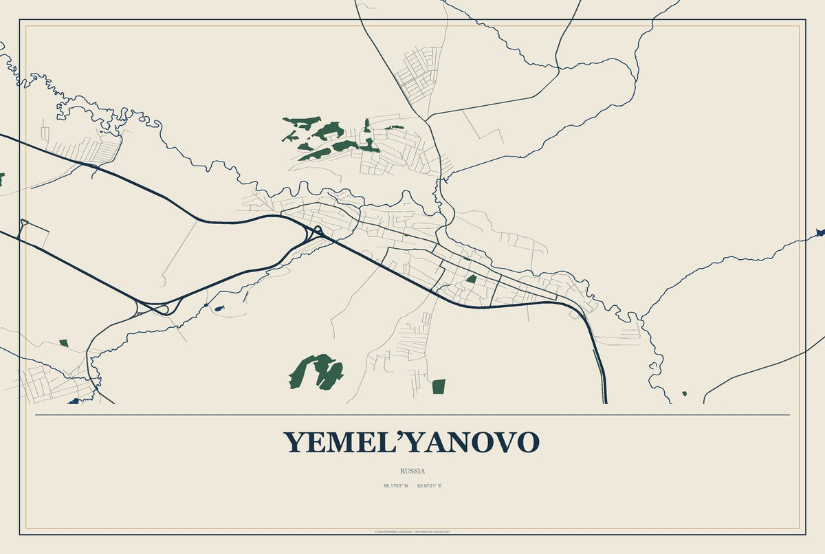 Yemel’yanovo, Russia City Map Aluminum Sign in Coastal Cutout style