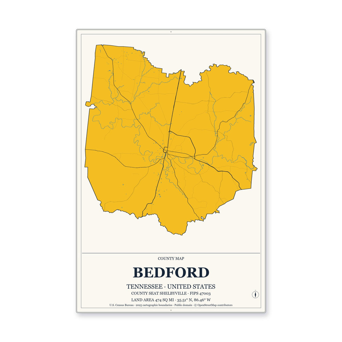 Bedford County, Tennessee Map Aluminum Sign in Citrine Modern style