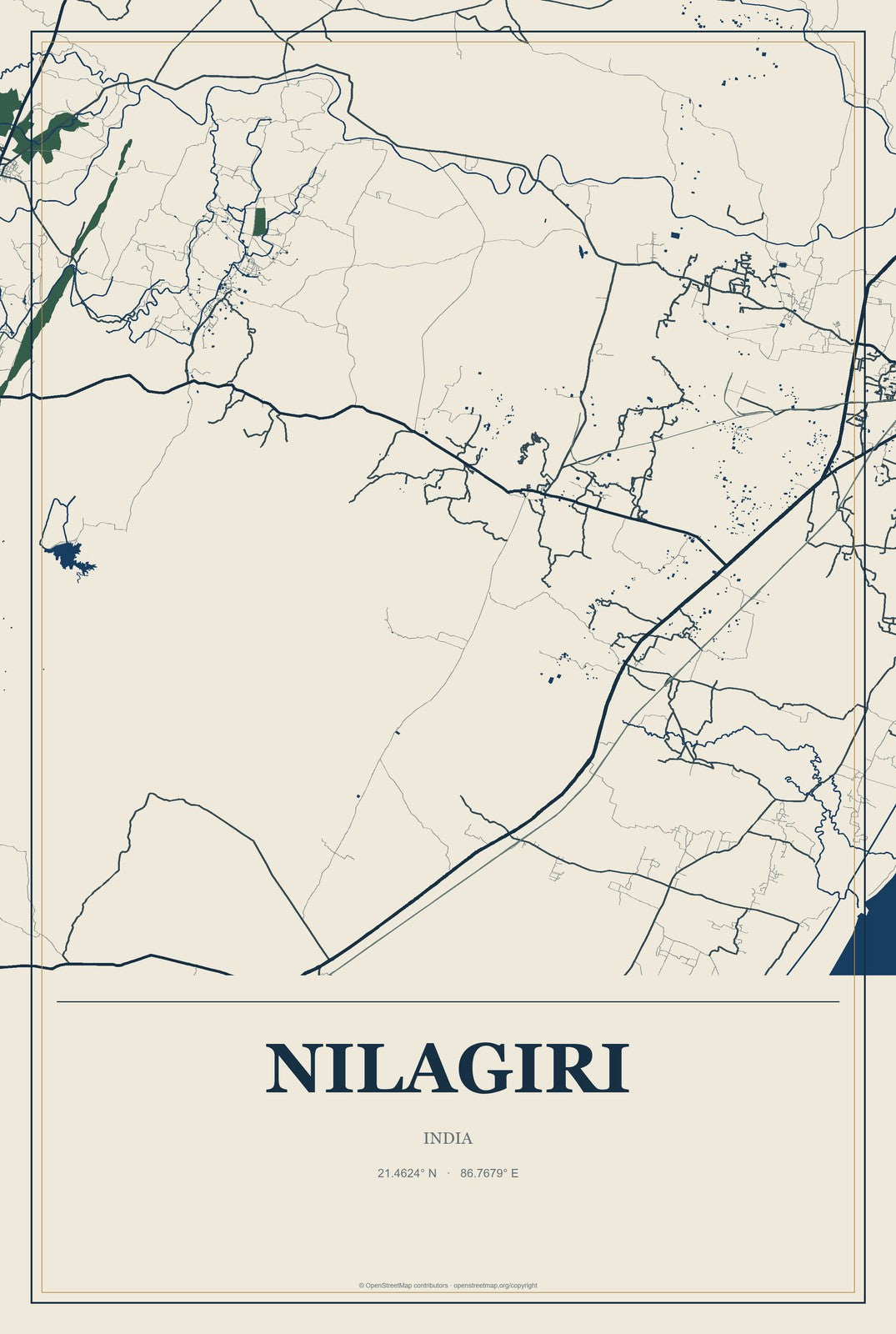 Nilagiri, India City Map Aluminum Sign in Coastal Cutout style
